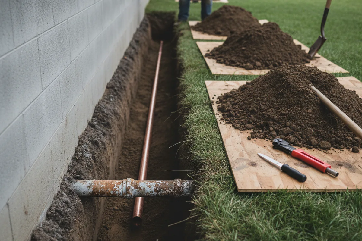 Excavated water line trench during Water Softener Installation in Cliffwood
